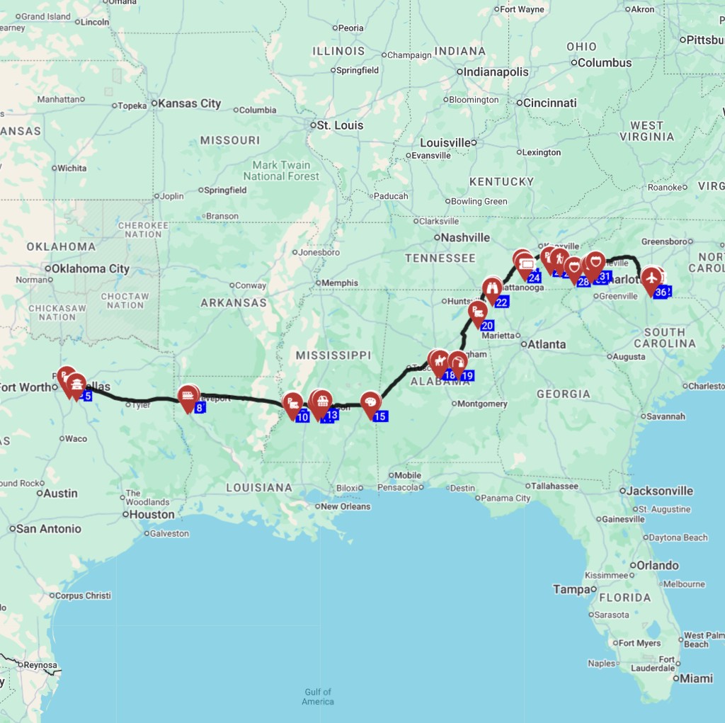 Map for ארהב עם ילדים בקרוואן - טיול קרוואנים מדאלס לשרלוט
